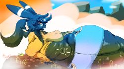 Rule 34 | 1girl, arm support, bespectacled, black-framed eyewear, black eyes, black hair, blue shorts, blue sky, breasts, bun snn, clothes pull, cloud, colored sclera, covered erect nipples, creatures (company), day, female focus, furry, furry female, game freak, gen 2 pokemon, glasses, hair tie, half-closed eyes, highres, large breasts, long hair, long sleeves, looking down, lying, mountain, navel, nintendo, no bra, no panties, on side, outdoors, personification, plump, pokemon, pokemon (creature), pokemon gsc, ponytail, pussy, red sclera, shiny skin, shorts, shorts pull, sky, solo, sweater, text focus, thick thighs, thighs, umbreon, uncensored, yellow sweater