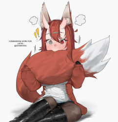 Rule 34 | !, !!, 1girl, animal ears, biting, biting own tail, biting tail, blush, broken horn, brown pantyhose, commission, embarrassed, fox ears, fox tail, full-face blush, godekasu, grey eyes, hair between eyes, hands up, heterochromia, highres, horns, long sleeves, looking at viewer, original, pantyhose, red eyes, shirt, simple background, slit pupils, solo, tail, tail biting, watermark, white background, white shirt, wide-eyed