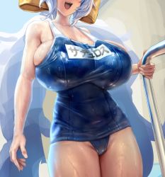 Rule 34 | 1girl, alternate breast size, bare shoulders, blue one-piece swimsuit, breasts, covered navel, eu03, granblue fantasy, groin, head out of frame, huge breasts, long hair, low twintails, name tag, old school swimsuit, one-piece swimsuit, open mouth, pool ladder, satyr (granblue fantasy), school swimsuit, skindentation, smile, solo, swimsuit, teeth, thick thighs, thighs, tongue, twintails, upper teeth only, very long hair, wet, wet clothes, wet swimsuit