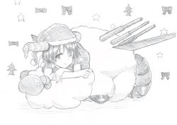 Rule 34 | 1girl, airplane wing, antinomy of common flowers, bow, christmas, christmas tree, closed mouth, doreking, doremy sweet, graphite (medium), greyscale, hand on own arm, hat, highres, horns, looking at viewer, mahiro (akino-suisen), monochrome, one eye closed, pom pom (clothes), ribbon, santa hat, sheep, short sleeves, solo, star (symbol), tail, touhou, traditional media, wings
