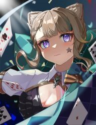 Rule 34 | 1girl, ace (playing card), ace of diamonds, animal ear fluff, animal ears, bow, breasts, brown hair, card, cat ears, cleavage, closed mouth, club (shape), commentary request, diamond (shape), facial mark, genshin impact, green bow, heart, highres, looking at viewer, lynette (genshin impact), medium breasts, playing card, puffy short sleeves, puffy sleeves, purple eyes, shanyouyini, short sleeves, shrug (clothing), solo, star (symbol), upper body