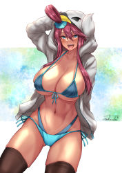 Rule 34 | 1girl, bikini, blue eyes, blush, breasts, brown thighhighs, cleavage, collarbone, cosplay, creatures (company), game freak, gen 5 pokemon, highres, large breasts, long hair, looking at viewer, navel, nintendo, one side up, open mouth, pokemon, pokemon bw, red hair, sidelocks, skyla (pokemon), smile, solo, swanna, swanna (cosplay), swimsuit, takecha, thighhighs, thighs
