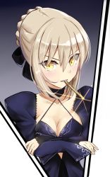 Rule 34 | 1girl, artoria pendragon (all), artoria pendragon (fate), blonde hair, blush, braid, breasts, cleavage, closed mouth, collarbone, fate/stay night, fate (series), french braid, glint, hair between eyes, highres, i.f.s.f, juliet sleeves, long sleeves, looking at viewer, medium breasts, mouth hold, platinum blonde hair, puffy sleeves, saber (fate), saber alter, sidelocks, solo, upper body, yellow eyes