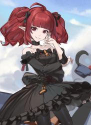 Rule 34 | 1girl, ahoge, akisa yositake, arm rest, bare shoulders, black bow, black choker, black dress, black pantyhose, black ribbon, blue sky, blush, bow, chain, choker, cloud, cloudy sky, collarbone, commentary, dnf duel, dress, dungeon and fighter, earrings, enchantress (dungeon and fighter), female mage (dungeon and fighter), gothic lolita, hair ornament, hair ribbon, hand on own face, jewelry, lolita fashion, looking at viewer, mage (dungeon and fighter), medium hair, pantyhose, pointy ears, red eyes, red hair, ribbon, sky, smile, twintails, twitter username