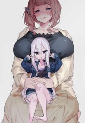 Rule 34 | 2girls, absurdres, age difference, blush, breasts, brown hair, character request, double v, hair between eyes, highres, huge breasts, jacket, licking lips, looking at viewer, mekyokyopon, multiple girls, onee-loli, project sekai, side ponytail, sitting, sitting on lap, sitting on person, size difference, tongue, tongue out, v, white hair, yoisaki kanade