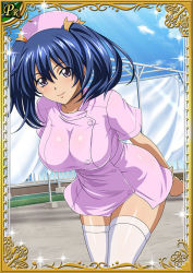 Rule 34 | 00s, 1girl, bashoku youjou, blue hair, breasts, card (viewer), cleavage, curvy, female focus, hair ornament, ikkitousen, large breasts, looking at viewer, nurse, purple eyes, shiny skin, short twintails, solo, twintails