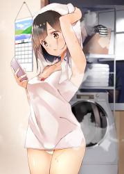 Rule 34 | 1girl, absurdres, arm up, armpits, bare arms, blurry, blush, bow, breasts, brown eyes, brown hair, byte (allbyte), calendar (object), camisole, cellphone, unworn clothes, collarbone, cowboy shot, depth of field, drying, drying hair, hand on own head, highres, holding, holding phone, indoors, laundry basket, lips, looking at phone, looking at viewer, medium breasts, no pants, original, panties, parted lips, phone, plant, potted plant, red bow, sleeveless, smartphone, solo, standing, steam, strap gap, striped, towel, towel on head, underwear, wall, washing machine, wet, white panties