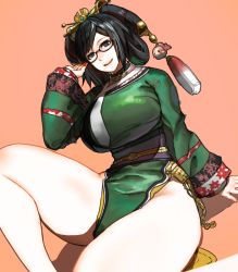 Rule 34 | 1girl, :d, black eyes, black hair, breasts, chinese clothes, glasses, hair ornament, large breasts, long sleeves, looking at viewer, mole, mole under mouth, open mouth, orange background, pelvic curtain, qipao dress, samurai spirits, shadow, smile, solo, tetuhei, thighs, wu-ruixiang