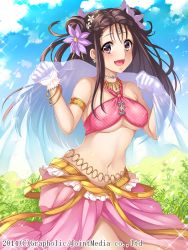 Rule 34 | 1girl, :d, akashi15, akashi (akashimichi), belly chain, bracelet, breasts, brown hair, clothing cutout, flower, gloves, hair flower, hair ornament, happy, jewelry, large breasts, long hair, lots of jewelry, navel, navel cutout, necklace, open mouth, original, priget plus, purple eyes, skirt, sky, smile, solo, stomach, underboob