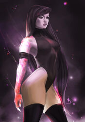 Rule 34 | 1girl, artist request, ass, black hair, black leotard, breasts, curvy, expressionless, glowing, glowing hand, highleg, highleg leotard, highres, leotard, lips, long hair, looking to the side, marvel, medium breasts, parted lips, psylocke, revealing clothes, shiny skin, solo, thick thighs, thighs, very long hair, wide hips, x-men