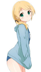 Rule 34 | 1girl, absurdres, aged down, bad id, bad pixiv id, blonde hair, blush, cowboy shot, ellen baker, eyebrows, from side, green eyes, hair ornament, hair over shoulder, hand in pocket, hands in pockets, highres, hood, hoodie, jacket, jacket over swimsuit, long hair, looking at viewer, looking to the side, name tag, new horizon, ponytail, revision, school swimsuit, shiso azuki, simple background, solo, standing, swimsuit, swimsuit under clothes, tareme, white background