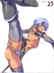 Rule 34 | 00s, 1girl, absurdres, akaga hirotaka, blue hair, blue panties, boots, breasts, dark-skinned female, dark skin, elbow gloves, fang assassin irma, from below, gloves, grey thighhighs, high collar, highres, irma (queen&#039;s blade), irma (queen's blade), nitroplus, non-web source, panties, pink eyes, queen&#039;s blade, revealing clothes, scabbard, sheath, short hair, simple background, solo, spread legs, standing, standing on one leg, sword, teeth, thighhighs, thighhighs under boots, underboob, underwear, upper teeth only, weapon, white background