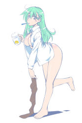 Rule 34 | 10s, 1girl, aqua hair, ass, barefoot, blush, bottomless, breasts, cup, dressing, hair ornament, hairclip, kantai collection, large breasts, long hair, looking at viewer, mikagami sou, mouth hold, mug, open clothes, open shirt, pantyhose, unworn pantyhose, personification, shirt, solo, suzuya (kancolle), toothbrush, water