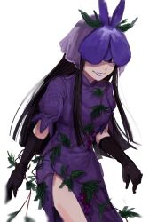 Rule 34 | 1girl, black gloves, china dress, chinese clothes, cowboy shot, dress, elbow gloves, flower, flower on head, food, fruit, gloves, grapes, highres, himuhino, leaf, leaf print, long hair, long sleeves, looking at viewer, mole, mole under eye, orchid, plant, print dress, puffy short sleeves, puffy sleeves, purple dress, short sleeves, simple background, solo, touhou, vines, white background, yomotsu hisami