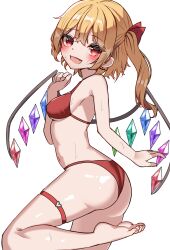 Rule 34 | 1girl, absurdres, ass, barefoot, bat earrings, bikini, breasts, commentary, cowboy shot, earrings, fang, flandre scarlet, from side, hair ribbon, highres, jewelry, kiui (dagk8254), looking at viewer, medium hair, navel, open mouth, red bikini, red ribbon, ribbon, simple background, small breasts, smile, solo, standing, string bikini, sweat, swimsuit, thigh strap, touhou, white background