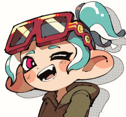 Rule 34 | 1girl, ;d, aqua hair, eyewear on head, fang, glasses, high ponytail, highres, hood, hood down, inari1369, nintendo, octoling, octoling girl, octoling player character, one eye closed, open mouth, pink eyes, ponytail, red-framed eyewear, short hair, silhouette, simple background, smile, solo, splatoon (series), suction cups, teeth, tentacle hair, upper body, white background