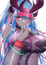 Rule 34 | 1girl, absurdres, bare shoulders, black one-piece swimsuit, blue hair, blush, body markings, breasts, cleavage, collarbone, colored skin, dark-skinned female, dark skin, earrings, fate/grand order, fate (series), grey skin, hair between eyes, hat, highres, horns, ibuki douji (fate), ibuki douji (swimsuit berserker) (fate), jewelry, large breasts, long hair, looking at viewer, moyashi (pixiv44153669), multicolored hair, one-piece swimsuit, one eye closed, oni, oni horns, pink hair, pink hat, pink one-piece swimsuit, pointy ears, ponytail, red eyes, sidelocks, solo, swimsuit, two-tone swimsuit, visor cap, wet, whistle