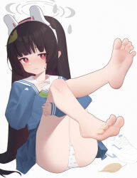 Rule 34 | 1girl, absurdres, barefoot, black hair, blue archive, feet, highres, light blush, long hair, looking at viewer, miyu (blue archive), panties, parted lips, red eyes, shoes, soles, toes, underwear, unworn shoes