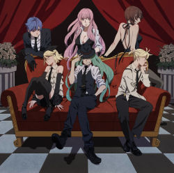 Rule 34 | 2boys, 4girls, blonde hair, blue hair, breasts, brown hair, checkered flood, cleavage, couch, dress, esukee, fedora, flower, formal, gangster, gloves, green hair, grin, hair ribbon, hat, hatsune miku, head rest, kagamine len, kagamine rin, kaito (vocaloid), large breasts, legs, long hair, mafia, megurine luka, meiko (vocaloid), multiple boys, multiple girls, necktie, pant suit, pants, pink hair, red upholstery, ribbon, short hair, shorts, sitting, smile, suit, suspenders, thighhighs, vocaloid