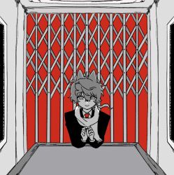 Rule 34 | 1boy, animal ears, cat ears, chikyuu no ura (cevio), closed mouth, elevator, greyscale, greyscale with colored background, hands up, kimi ga shine, looking at viewer, low ponytail, male focus, midori (kimi ga shine), monochrome, necktie, parody, red background, red necktie, scarf, simple background, smile, solo, spot color, w5