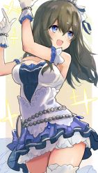 Rule 34 | 10s, 1girl, :d, armband, bags under eyes, bare shoulders, blue eyes, blue ribbon, blush, breasts, brown hair, cleavage, commentary request, cowboy shot, detached sleeves, dress, gloves, hair ribbon, idol, idolmaster, idolmaster cinderella girls, idolmaster cinderella girls starlight stage, long hair, looking away, medium breasts, open mouth, puffy short sleeves, puffy sleeves, ribbon, sagisawa fumika, short dress, short sleeves, smile, solo, sparkle, tetsujin momoko, thighhighs, tiara, white dress, white gloves, white ribbon, white thighhighs