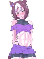 Rule 34 | 1girl, abs, animal ears, bare shoulders, bike shorts, blush, bow, braid, breasts, brown hair, commentary request, cowboy shot, ear bow, french braid, gluteal fold, highres, horse ears, horse girl, horse tail, midriff, miniskirt, multicolored hair, navel, purple bow, purple eyes, simple background, skirt, small breasts, solo, special week (umamusume), streaked hair, tail, umamusume, white background, yaki apple
