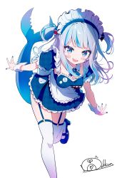 Rule 34 | 1girl, absurdres, adapted costume, alternate costume, apron, blue eyes, blue hair, breasts, cleavage, dress, enmaided, fins, fish tail, frilled apron, frilled dress, frills, garter straps, gawr gura, highres, hololive, hololive english, ichijo rei, looking at viewer, maid, maid apron, maid headdress, medium hair, multicolored hair, puffy short sleeves, puffy sleeves, shark tail, short sleeves, silver hair, simple background, small breasts, smile, solo, streaked hair, tail, thighhighs, two side up, virtual youtuber, waist apron, white apron, white background, white thighhighs, wrist cuffs