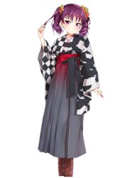 Rule 34 | 1girl, animal print, bird print, boots, brown footwear, checkered clothes, checkered kimono, flower, full body, gradient hakama, hair flower, hair ornament, hakama, hakama skirt, high heel boots, high heels, highres, japanese clothes, kazuno leah, kimono, long sleeves, looking at viewer, love live!, love live! sunshine!!, meiji schoolgirl uniform, pink eyes, playing with own hair, purple hair, simple background, skirt, solo, standing, suke (momijigari), twintails, v-shaped eyebrows, white background, wide sleeves