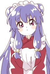 Rule 34 | 1girl, :o, apron, bell, blush stickers, china dress, chinese clothes, commentary, double bun, dress, frilled apron, frills, hair bell, hair bun, hair ornament, highres, jingle bell, long hair, looking at viewer, maid headdress, namori, purple eyes, purple hair, ranma 1/2, red dress, shampoo (ranma 1/2), simple background, solo, symbol-only commentary, upper body, white apron, white background