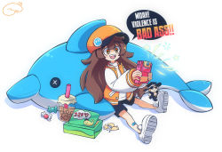 Rule 34 | 1girl, 3rf, absurdres, aged down, baggy clothes, bandaid, bandaid on leg, big hair, black shorts, brown hair, bubble tea, character doll, child, commentary, cookie, english commentary, english text, food, game boy, guilty gear, guilty gear strive, handheld game console, happy, highres, jacket, johnny (guilty gear), letterman jacket, long hair, may (guilty gear), orange eyes, orange headwear, orange jacket, playing games, shorts, sitting, solo, speech bubble, stuffed animal, stuffed dolphin, stuffed toy, teeth, upper teeth only, white footwear