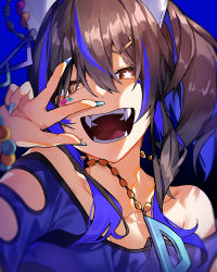 Rule 34 | 1girl, absurdres, animal ears, bare shoulders, bead bracelet, beads, blue hair, blue shirt, blurry, bracelet, breasts, brown hair, chabashira (tyabasirak55), cleavage, clothing cutout, collarbone, commentary, daitaku helios (umamusume), depth of field, fangs, fingernails, hair ornament, hairclip, hand up, highres, horse ears, jewelry, long hair, multicolored hair, nail polish, necklace, open mouth, sharp fingernails, shirt, side ponytail, smile, solo, star-shaped pupils, star (symbol), streaked hair, symbol-shaped pupils, teeth, tongue, umamusume, upper body, w, yellow eyes