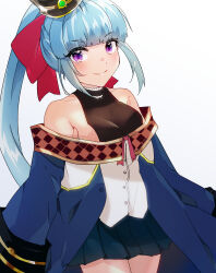 Rule 34 | 1girl, absurdres, arethusa (azur lane), azur lane, bare shoulders, black undershirt, blue hair, blue skirt, blunt bangs, blush, bow, breasts, buttons, chiru (218mg), closed mouth, coat, cowboy shot, hair bow, hat, high ponytail, highres, medium breasts, mini hat, miniskirt, no bra, off-shoulder coat, off shoulder, pleated skirt, purple eyes, red bow, sidelocks, simple background, skirt, sleeves past fingers, sleeves past wrists, smile, solo, tilted headwear, undershirt, white background