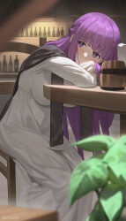 Rule 34 | 1girl, bar (place), blunt bangs, blush, bottle, breasts, chair, chilakkk, commentary, cup, dress, fern (sousou no frieren), highres, large breasts, long hair, long sleeves, looking at viewer, on chair, plant, purple eyes, purple hair, sitting, solo, sousou no frieren, table, twitter username, white dress