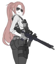 Rule 34 | 1girl, absurdres, ar-15, ass, black pants, borrowed character, breasts, brown eyes, brown hair, collared shirt, commentary, english commentary, from behind, grey shirt, grin, gun, highres, holding, holding gun, holding weapon, long sleeves, medium breasts, original, pants, parted bangs, pixcy (pixcy5), ponytail, rifle, shirt, simple background, smile, solo, sunglasses, weapon, white background