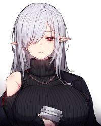 Rule 34 | 1girl, absurdres, arknights, black coat, black sweater, breasts, clothing cutout, coat, coffee cup, cup, disposable cup, eyes visible through hair, gladiia (arknights), hair over shoulder, highres, holding, holding cup, large breasts, long hair, red eyes, rikuguma, shoulder cutout, simple background, smile, solo, sweater, turtleneck, turtleneck sweater, upper body, white hair
