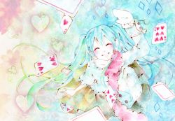 Rule 34 | 1girl, ^ ^, bad id, bad pixiv id, card, closed eyes, coat, closed eyes, floating card, female focus, from above, hatsune miku, long hair, painting (medium), scarf, skirt, smile, snow trick (vocaloid), solo, summer, tomoshibi rei, traditional media, twintails, vocaloid, watercolor (medium), winter