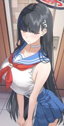 Rule 34 | black hair, blue archive, blush, breasts, doorway, hair ornament, hairpin, halo, highres, hime cut, holding, holding tablet pc, large breasts, miniskirt, red eyes, rio (blue archive), school uniform, serafuku, shirt, skirt, sleeveless, sleeveless shirt, sysen, tablet pc, white serafuku