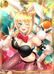 Rule 34 | 10s, 1girl, animal ears, bad id, bad pixiv id, bare shoulders, blonde hair, blue eyes, breasts, cat ears, cat tail, cleavage, detached collar, detached sleeves, facial mark, fake animal ears, final fantasy, final fantasy xiv, fishnet pantyhose, fishnets, highres, large breasts, leaning forward, leotard, long hair, looking at viewer, midriff, miqo&#039;te, moogle, nail polish, one eye closed, open mouth, pantyhose, playboy bunny, ponytail, rabbit ears, rabbit tail, smile, solo, tail, tiphereth, warrior of light (ff14), wrist cuffs