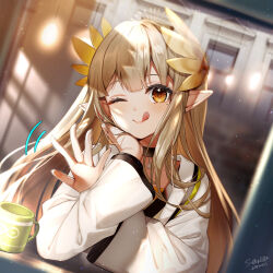 Rule 34 | 1girl, ;q, arknights, black choker, blunt bangs, blush, brown eyes, brown hair, choker, closed mouth, coffee mug, cup, dutch angle, elf, hand on own cheek, hand on own face, highres, laurel crown, long hair, long sleeves, looking at viewer, mole, mole under eye, motion lines, muelsyse (arknights), mug, one eye closed, pointy ears, sallyzaemon, sign, smile, solo, tongue, tongue out, upper body, very long hair, waving