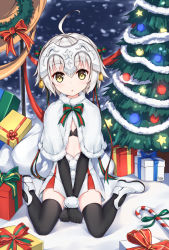Rule 34 | 1girl, :o, ahoge, bell, bikini, bikini top only, black bikini, black gloves, black legwear, boots, bow, box, candy, candy cane, capelet, christmas tree, elbow gloves, fate/grand order, fate (series), food, full body, fur trim, gift, gift box, gloves, green ribbon, headpiece, highres, jeanne d&#039;arc (fate), jeanne d&#039;arc alter santa lily (fate), looking at viewer, pom pom (clothes), ribbon, shibanme tekikumo, short hair, silver hair, sitting, skirt, solo, striped bow, striped ribbon, swimsuit, v arms, wariza, white capelet, white footwear, yellow eyes