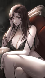 Rule 34 | 1girl, breasts, brown eyes, brown hair, chair, cigarette, cleavage, dark background, highres, holding, holding cigarette, ieiri shoko, jujutsu kaisen, large breasts, lingerie, long hair, looking at viewer, mole, mole under eye, sitting, solo, strap slip, thick thighs, thighs, tommy (kingdukeee), underwear