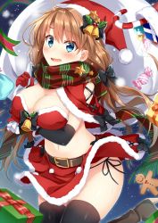 Rule 34 | 1girl, bell, belt, belt buckle, black bow, black sleeves, black thighhighs, blue eyes, blush, boots, bow, box, breasts, brown belt, brown footwear, brown hair, buckle, candy, candy cane, candy wrapper, capelet, cleavage, commentary request, detached sleeves, food, fringe trim, fur-trimmed capelet, fur-trimmed gloves, fur-trimmed headwear, fur-trimmed skirt, fur trim, gift, gift box, gingerbread man, gloves, hair between eyes, hat, high heel boots, high heels, highres, holding, holding sack, komori kuzuyu, large breasts, long hair, long sleeves, low twintails, navel, open mouth, original, plaid, plaid scarf, red capelet, red gloves, red hat, red scarf, red skirt, sack, santa costume, santa hat, scarf, skirt, solo, star (symbol), thighhighs, twintails, very long hair