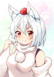 Rule 34 | &gt;:), 1girl, animal ear fluff, animal ears, bare shoulders, blush, breasts, closed mouth, commentary, commentary request, detached sleeves, doyagao, hat, inubashiri momiji, looking at viewer, medium breasts, pom pom (clothes), red eyes, rururiaru, shirt, short hair, silver hair, sleeveless, sleeveless shirt, smile, smug, solo, tokin hat, touhou, turtleneck, upper body, white shirt, wolf ears