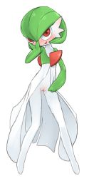 Rule 34 | 1girl, blush, bob cut, colored skin, creatures (company), dress, female focus, full body, game freak, gardevoir, gen 3 pokemon, green hair, green skin, hair between eyes, hand on own cheek, hand on own face, looking at viewer, nintendo, no humans, open mouth, pokemon, pokemon (creature), pussy, pussy juice, red eyes, simple background, solo, standing, sweat, tosx, white background, white dress, white skin