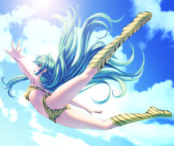 Rule 34 | 1girl, animal print, armpits, bikini, blue eyes, boots, cloud, day, falling, green hair, horns, knee boots, long hair, long legs, looking back, lum, midair, navel, oni, outstretched arms, outstretched hand, pointy ears, rezi, sky, solo, strapless, sun, swimsuit, tiger print, urusei yatsura