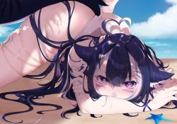 Rule 34 | 1girl, ahoge, animal ears, artist name, ass, beach, black hair, blue sky, body markings, breasts, cetacean tail, cloud, commentary, english commentary, fins, fish tail, heart, heart-shaped pupils, heart ahoge, highres, indie virtual youtuber, katsumi (katsumissan), large breasts, long hair, looking at viewer, multicolored hair, one-piece swimsuit, orca girl, purple eyes, sand, shylily, shylily (3rd costume), sky, streaked hair, swimsuit, symbol-shaped pupils, tail, thigh strap, top-down bottom-up, virtual youtuber, water, white hair, white one-piece swimsuit