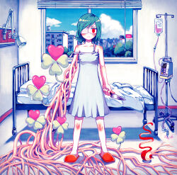 Rule 34 | 1girl, apple, aremoyou, bed, blood, blood bag, cityscape, clover, dress, eyepatch, food, four-leaf clover, fruit, green hair, guro, highres, hospital, hospital bed, indoors, iv stand, lala (watashi no koko), lamp, pastel colors, plant roots, red eyes, red footwear, short hair, solo, vignetting, watashi no koko, white dress, window