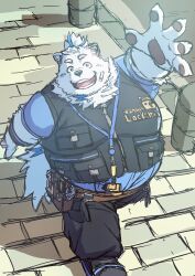 Rule 34 | 1boy, absurdres, animal ears, arm up, bandaid, bara, belly, blue fur, dog boy, dog ears, fat, fat man, full body, furry, furry male, highres, jewelry, live a hero, looking at viewer, male focus, multicolored hair, necklace, niku (kemoniku120), open hand, outstretched arm, pants, solo, standing, streaked hair, sunlight, thick eyebrows, unfinished, walking, white fur, yohack