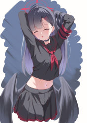 Rule 34 | 1girl, :o, absurdres, armband, arms behind head, arms up, black choker, black hair, black sailor collar, black serafuku, black shirt, black skirt, black wings, blue archive, blue background, breasts, choker, closed eyes, cowboy shot, crop top, cropped legs, facing viewer, feathered wings, gradient background, groin, hair lift, hair ornament, hairclip, halo, highres, ichika (blue archive), long hair, long sleeves, low wings, medium breasts, midriff, miniskirt, navel, neckerchief, parted lips, pleated skirt, red neckerchief, sailor collar, school uniform, serafuku, shirt, skirt, solo, standing, stomach, viq, white background, wings