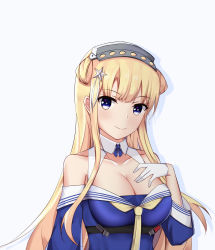 Rule 34 | 1girl, blonde hair, blue shirt, breasts, chinese commentary, cleavage, collarbone, commentary request, detached collar, flan (f l an), fletcher (kancolle), fletcher mk ii (kancolle), gloves, hair ornament, hairband, highres, kantai collection, large breasts, long hair, looking at viewer, off shoulder, sailor collar, school uniform, serafuku, shirt, simple background, smile, solo, star (symbol), star hair ornament, white background, white gloves, white sailor collar, yellow neckwear